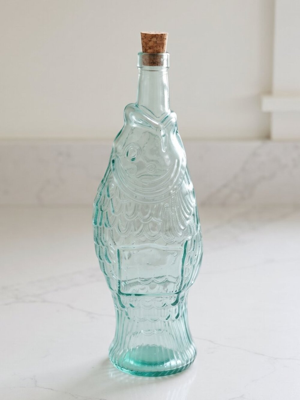 Aqua Green Glass Fish Shaped Bottle Cork Stopper 13" Coastal Nautical Beach Deco